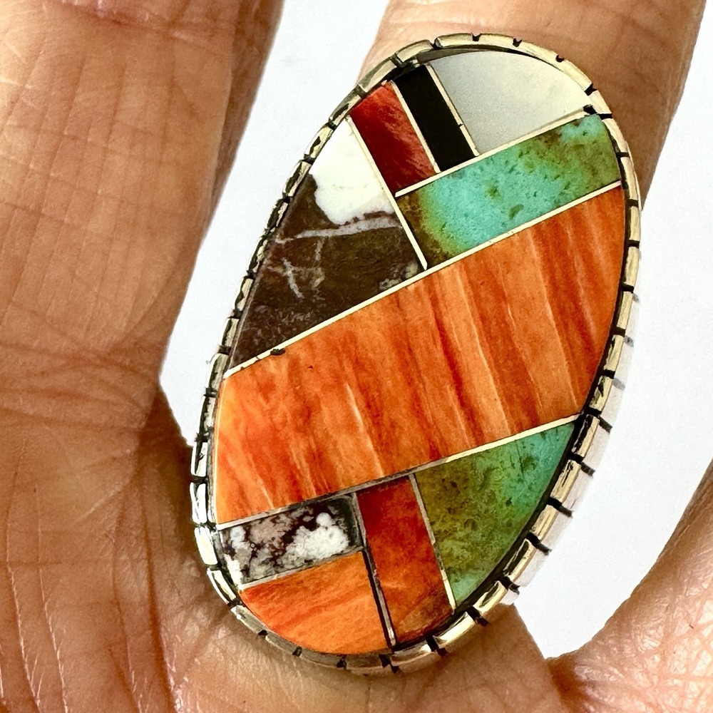 BIG Turquoise Multi Stone Inlay Mens Ring Sz 12 Navajo Sterling Signed Jack 34mm